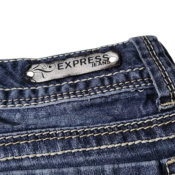 Express Skinny Low Rise Jeans Women Sz 0 Medium‎ Wash Y2k Style Stitches - Picture 2 of 13